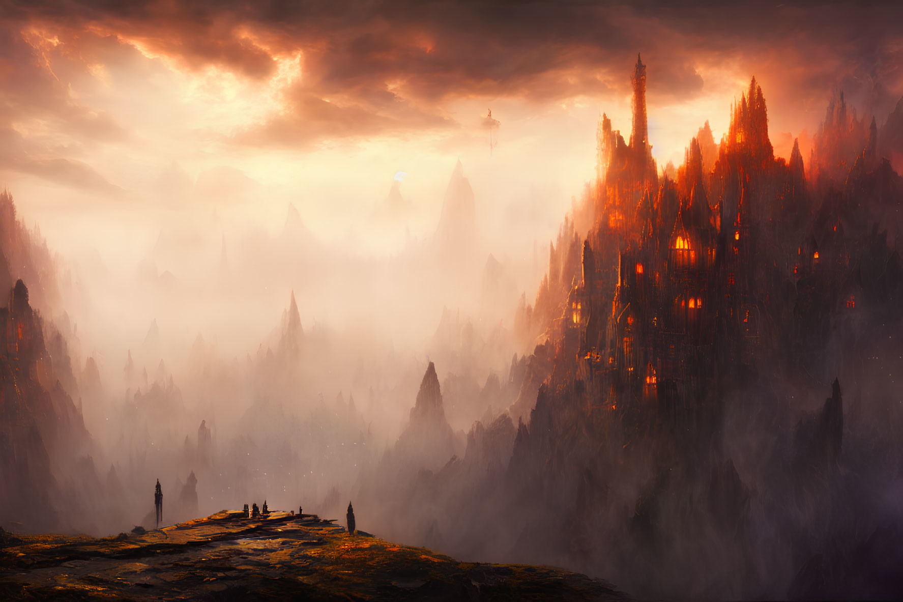 Travelers admire fiery landscape with spires and mountains