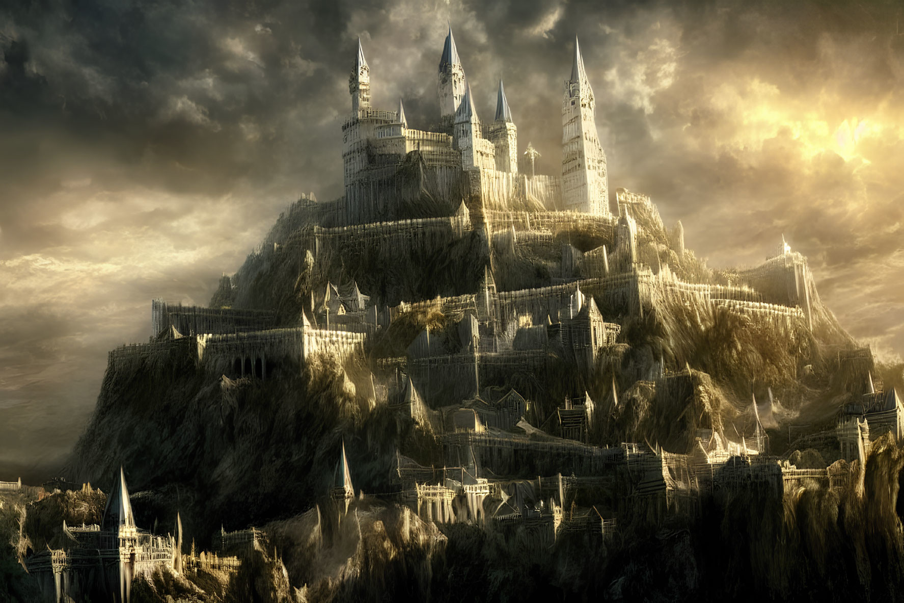 Fantasy-style castle on cliff with golden light