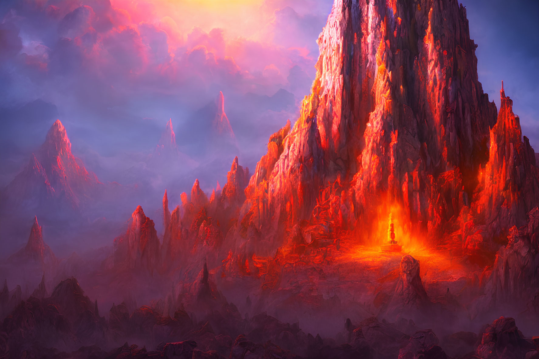 Fantasy volcanic landscape with pink sky and lava flows