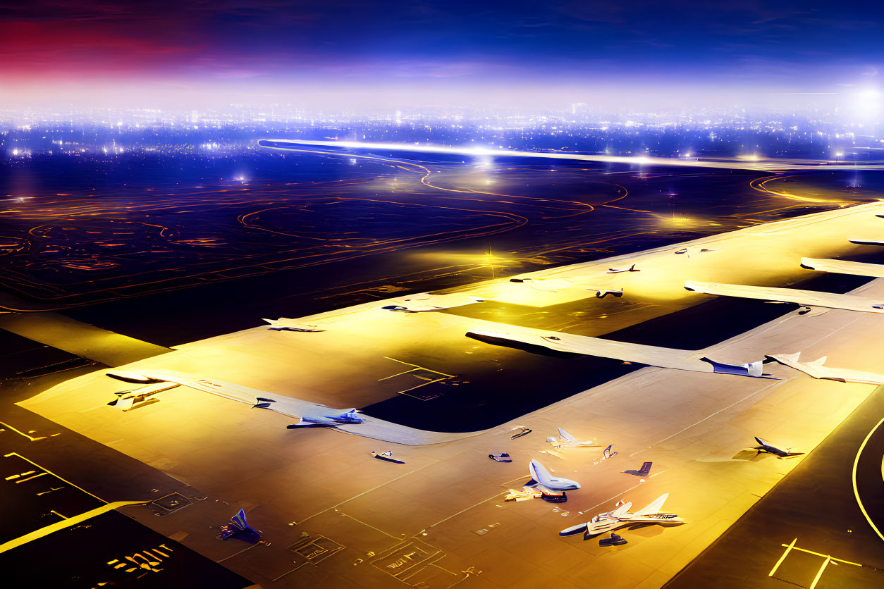 Bustling Airport at Night with Illuminated Runways and Parked Aircraft