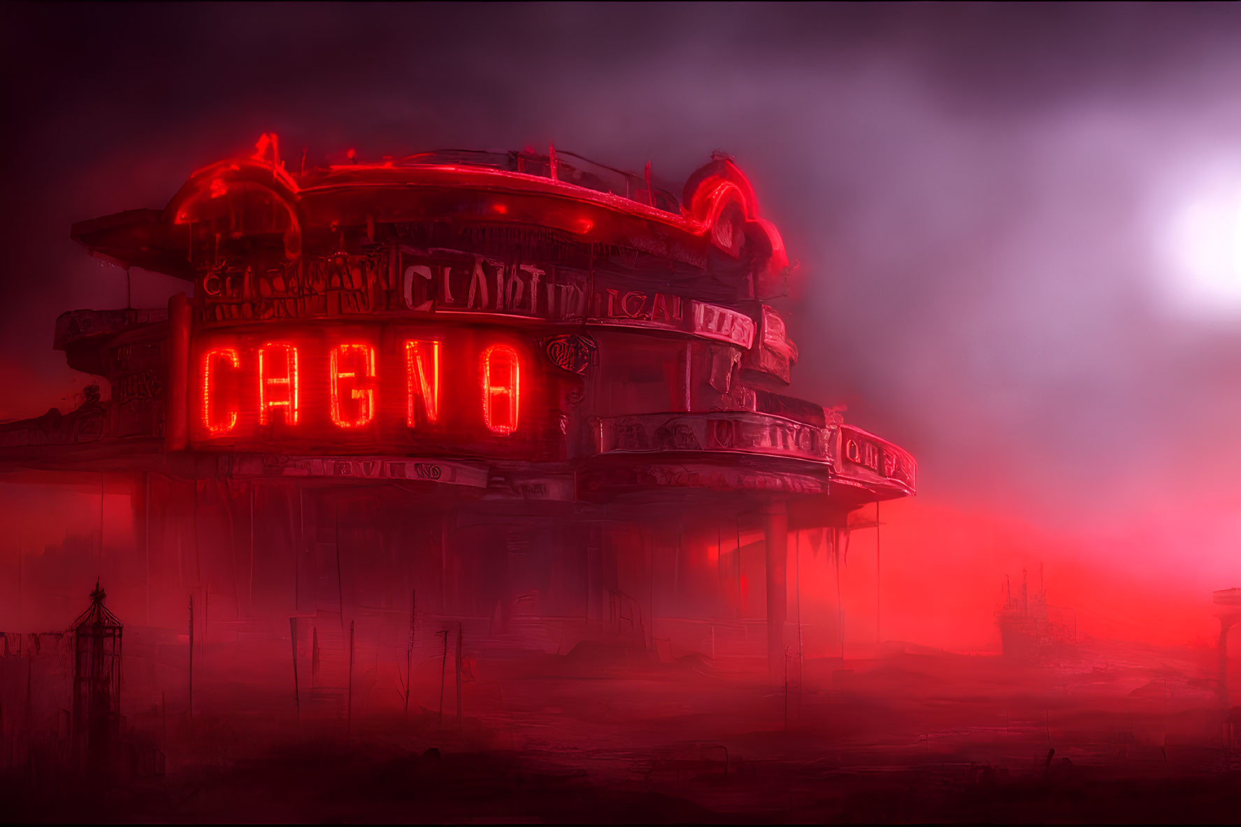 Neon-lit retro-futuristic casino in hazy, red atmosphere