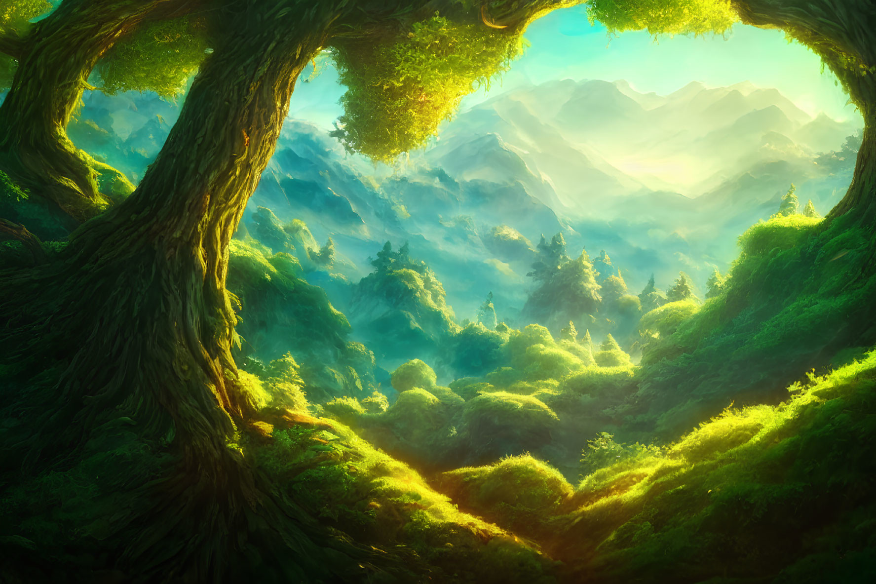 Sunlit green forest with distant mountains: a serene scene.