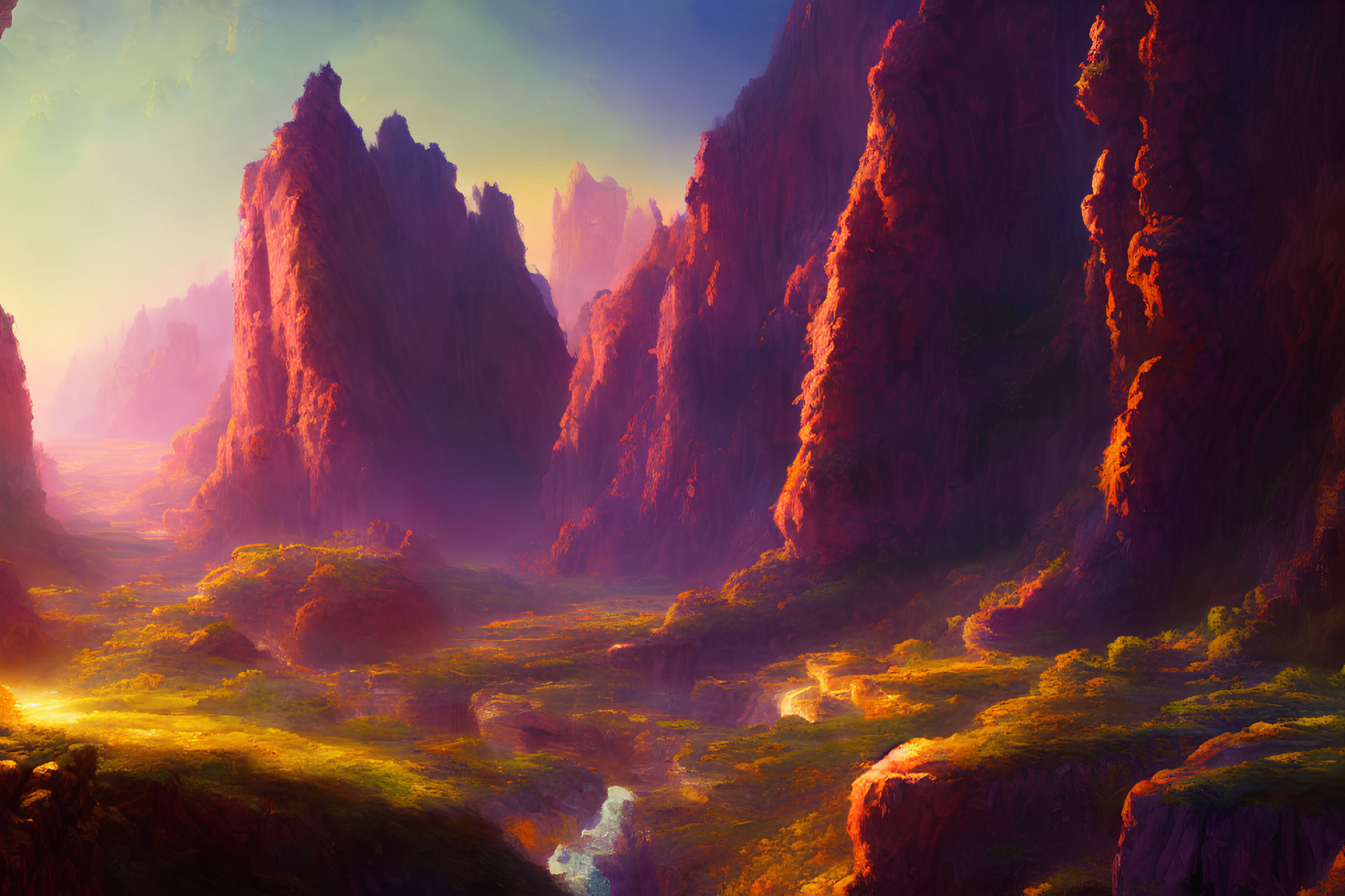 Vibrant fantasy landscape with crimson cliffs, lush valley, and ethereal lighting