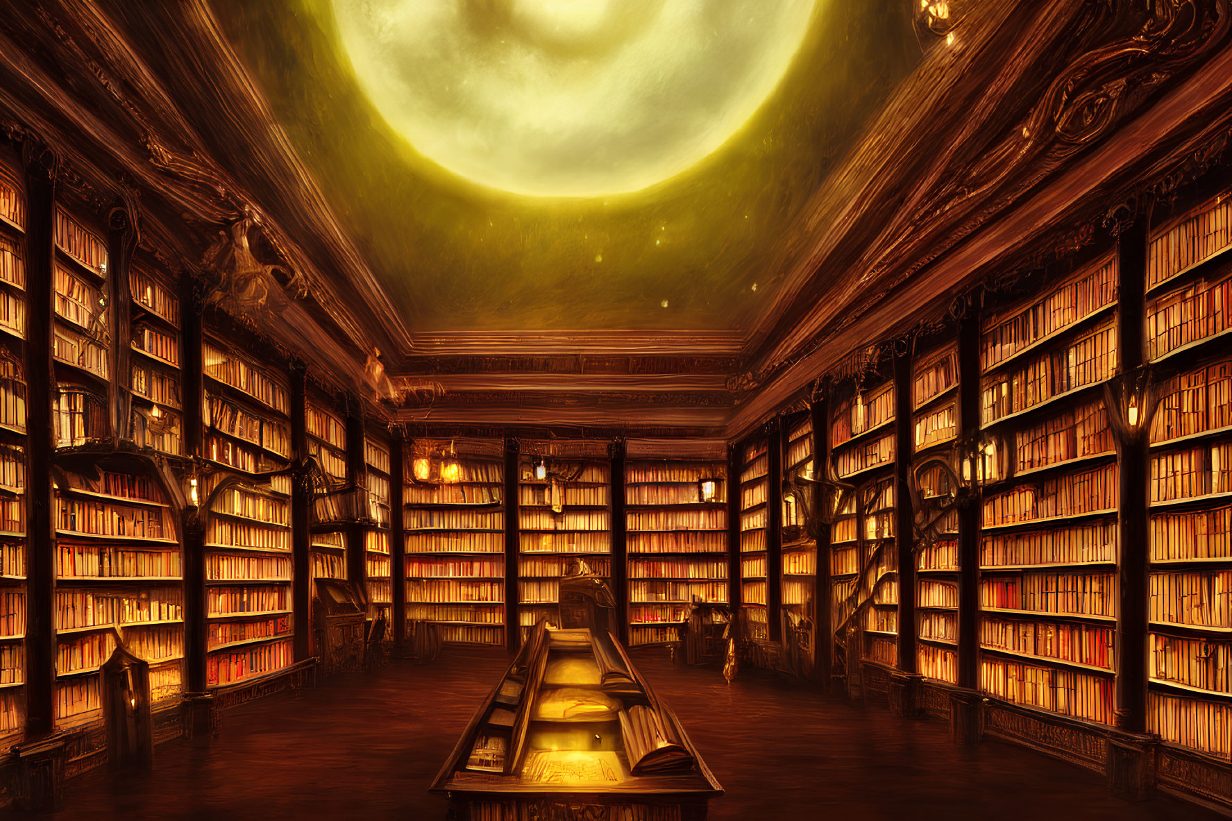 Ornate library with towering bookshelves and central table under glowing circular window