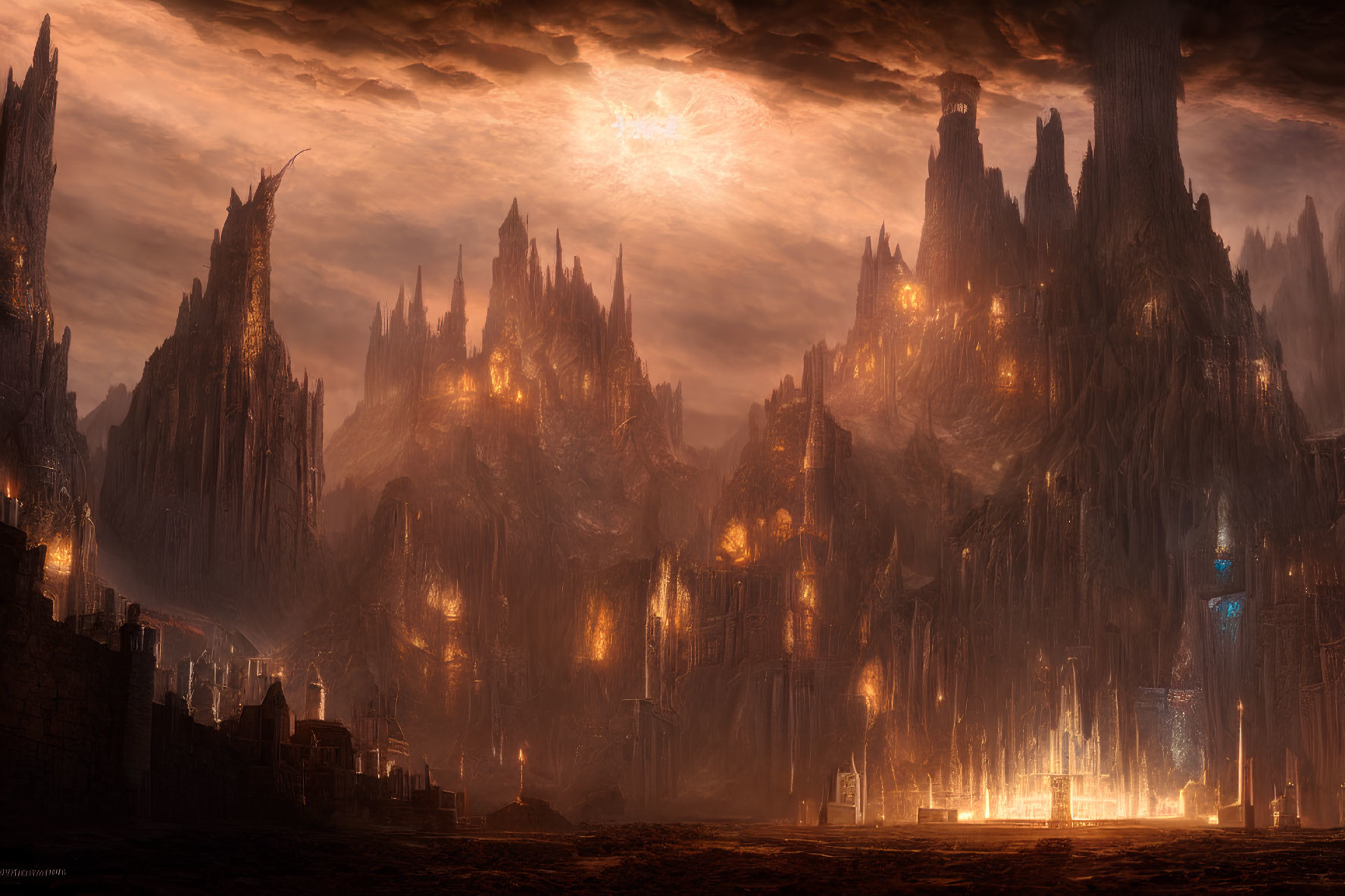 Fantastical landscape with towering spires and glowing structures