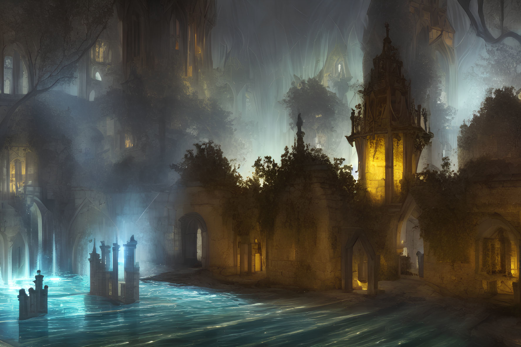 Ethereal Gothic cityscape with luminescent blue waterways