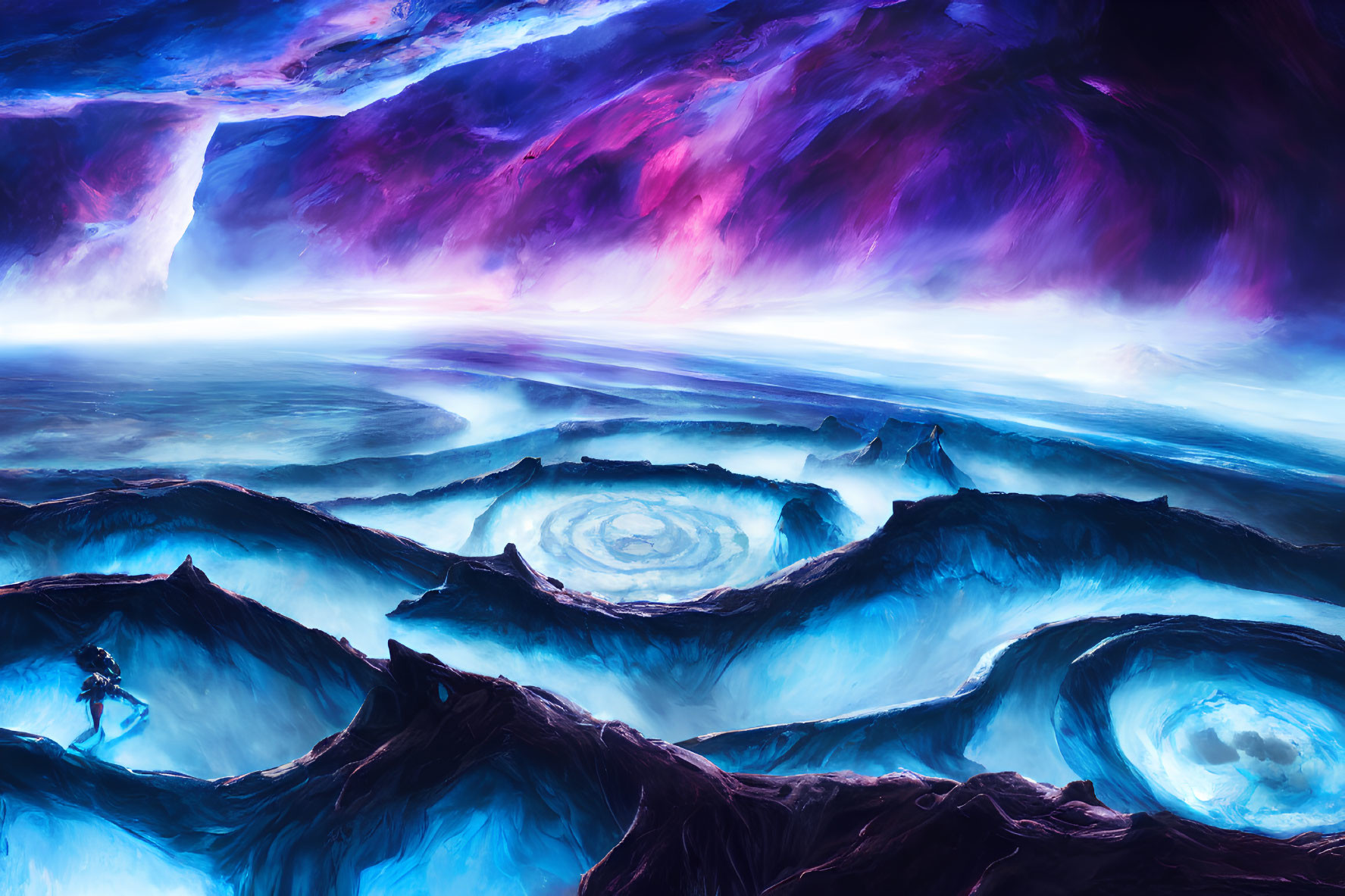 Vibrant surreal landscape with lone figure and swirling energy pools