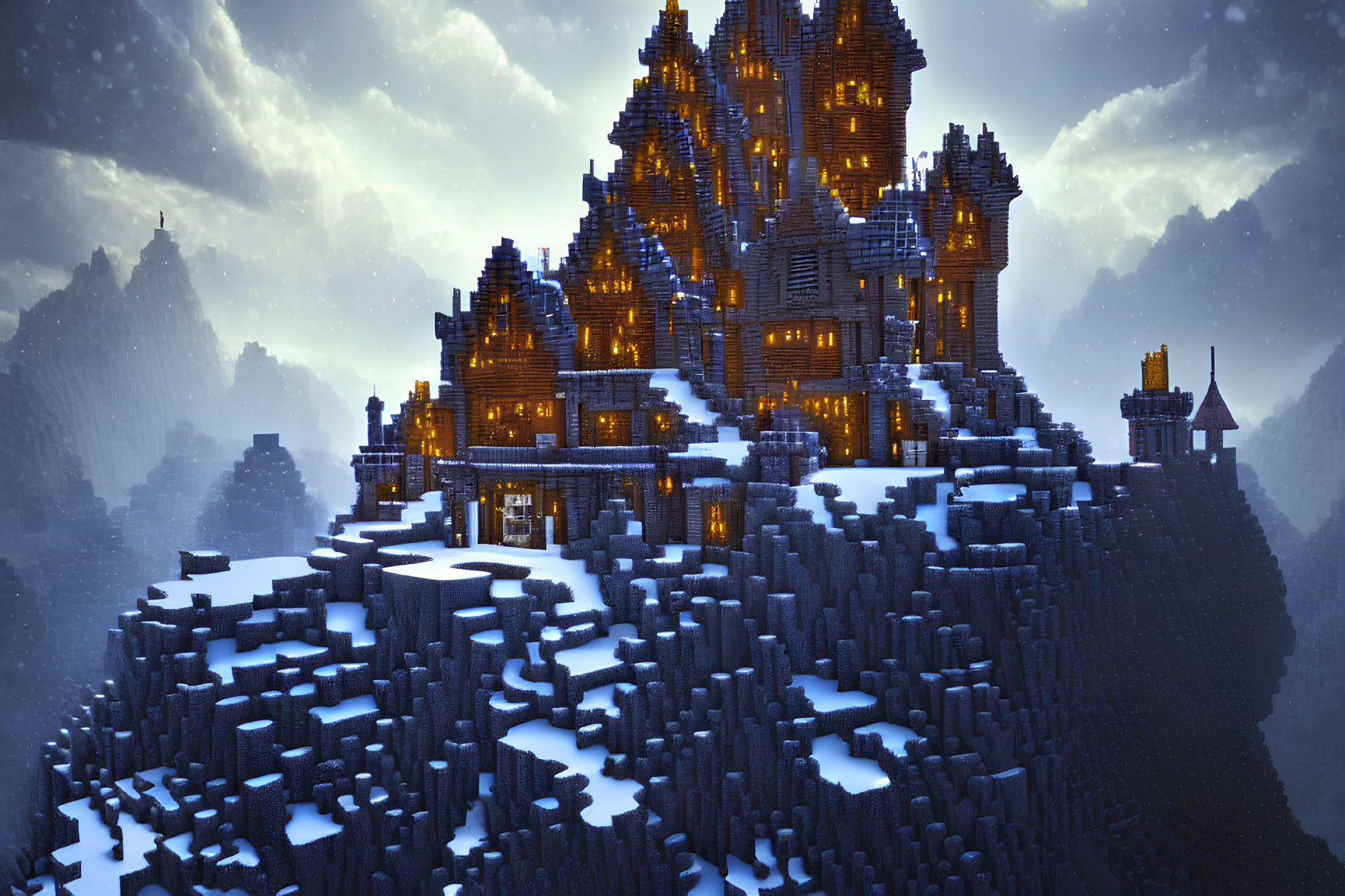 Pixelated castle on snowy mountain at twilight