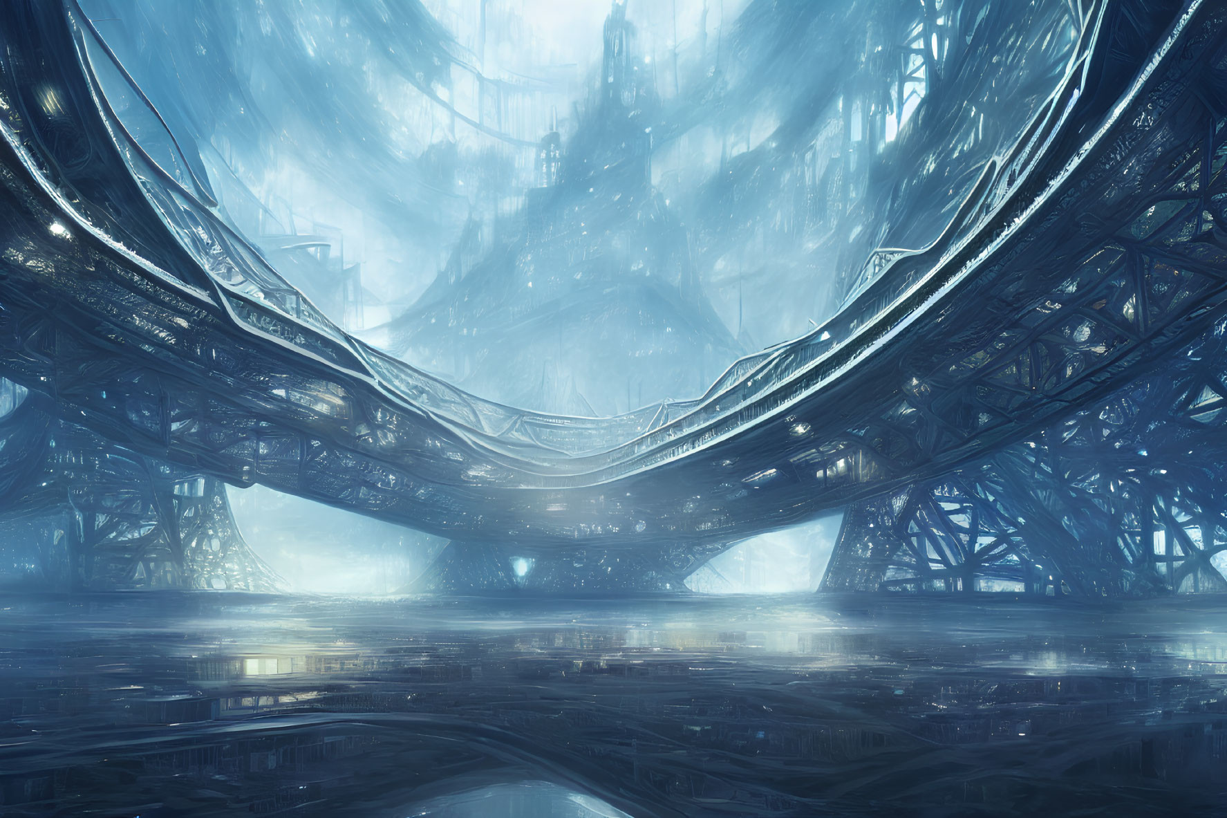 Futuristic cityscape with intricate structures and curved bridge in misty blue light