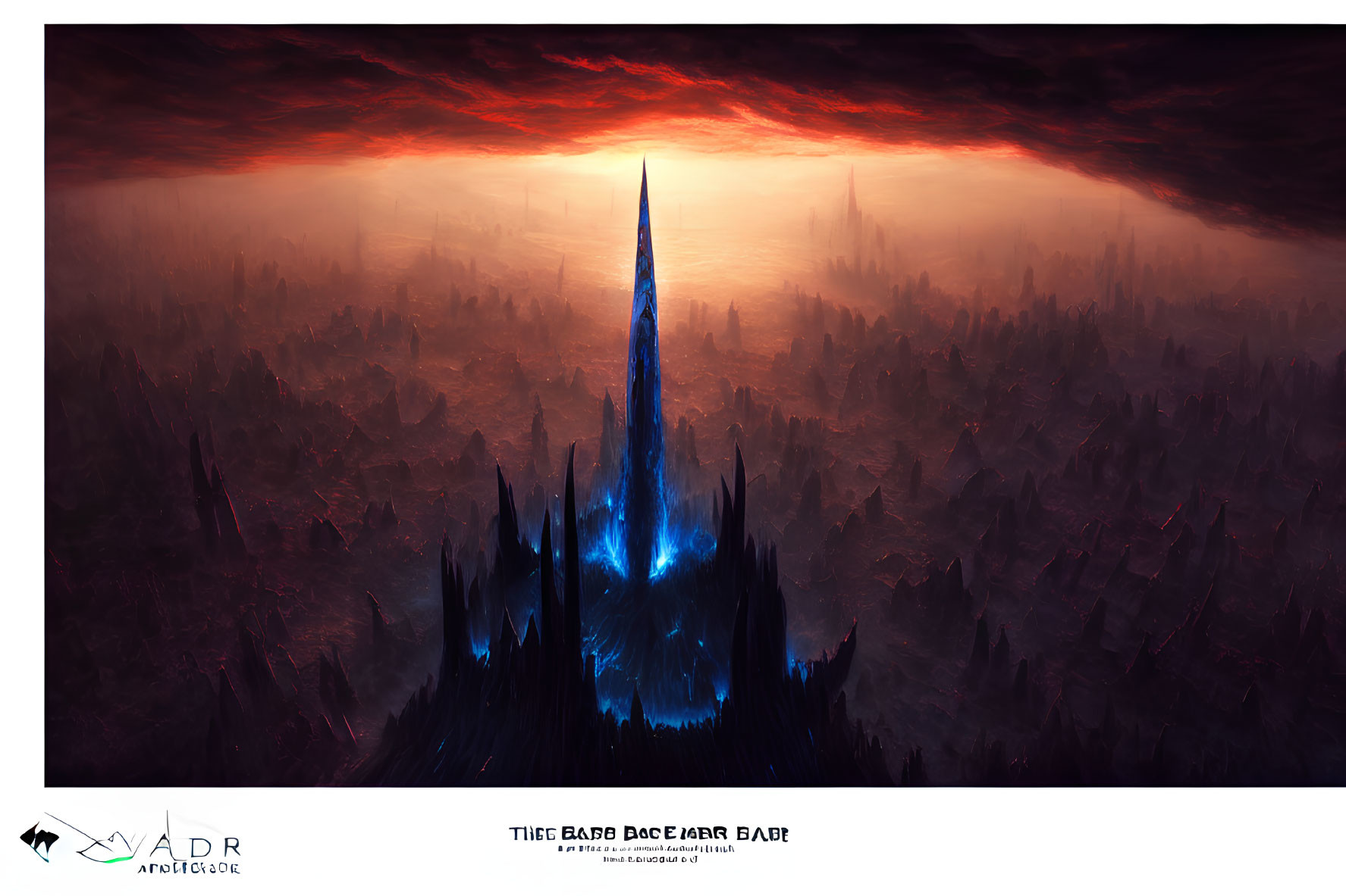 Fantastical landscape with glowing blue spire and dramatic red sky