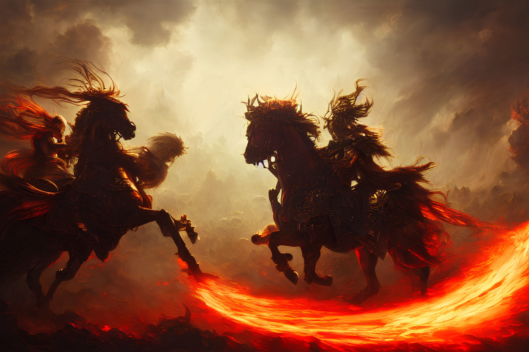 Three horsemen in dramatic armor gallop through apocalyptic landscape.