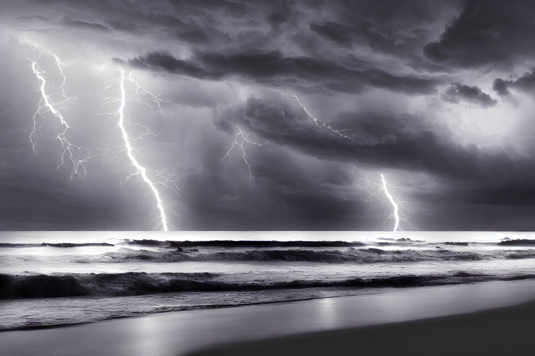 Dramatic monochrome seascape with lightning strikes over stormy ocean