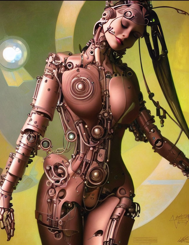 Female robot with intricate machinery and exposed joints on yellowish-green backdrop