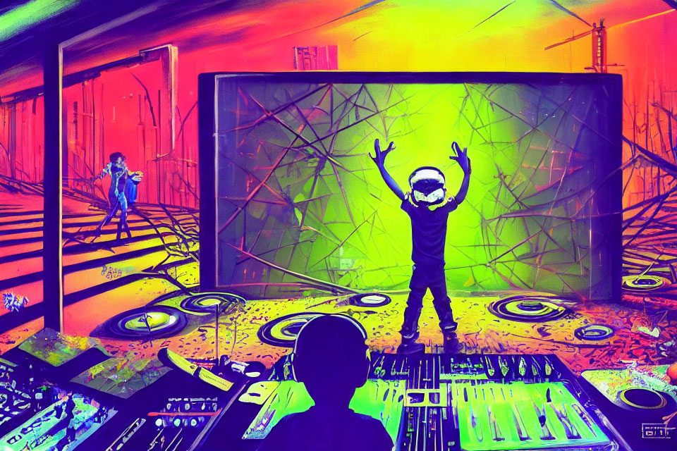 Colorful digital artwork featuring DJ booth, crowd, dancer, and graffiti artist in neon-lit industrial