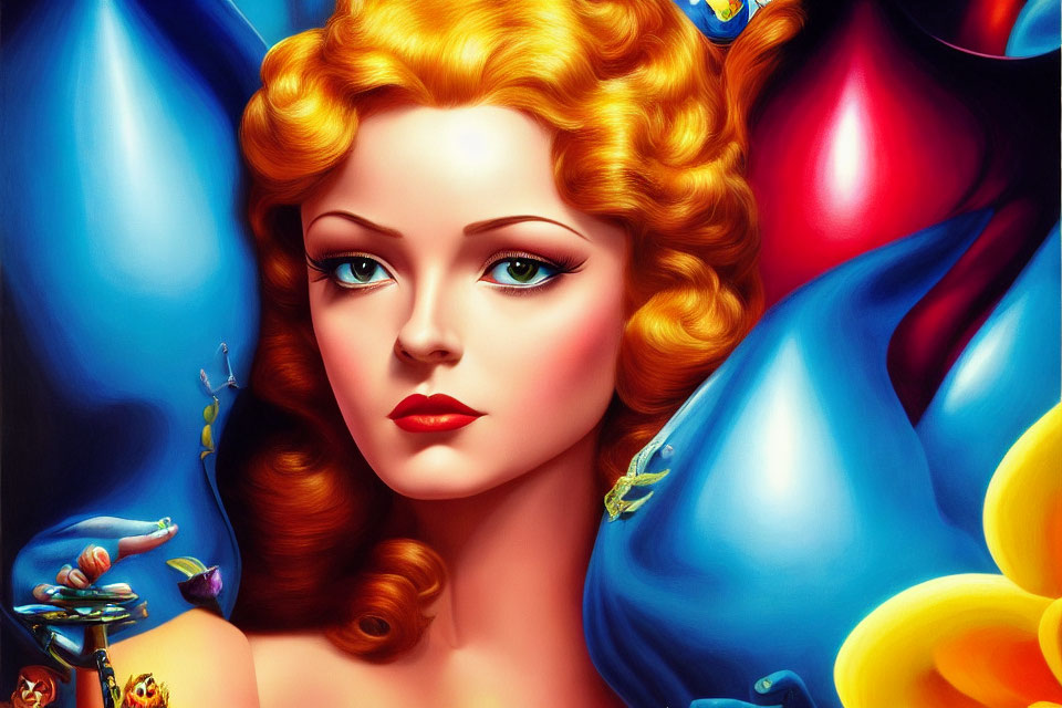 Surreal illustration of woman with golden hair and vibrant balloons