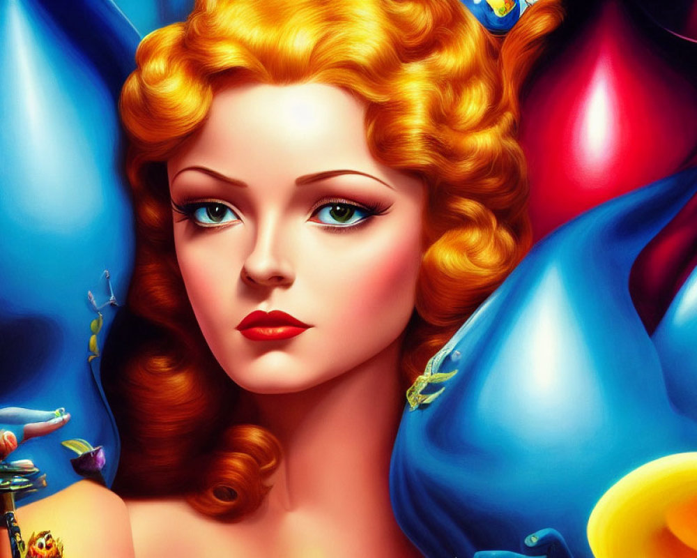 Surreal illustration of woman with golden hair and vibrant balloons