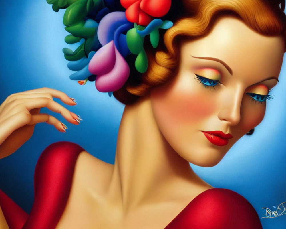 Stylized woman with red lips and colorful bouquet in hair