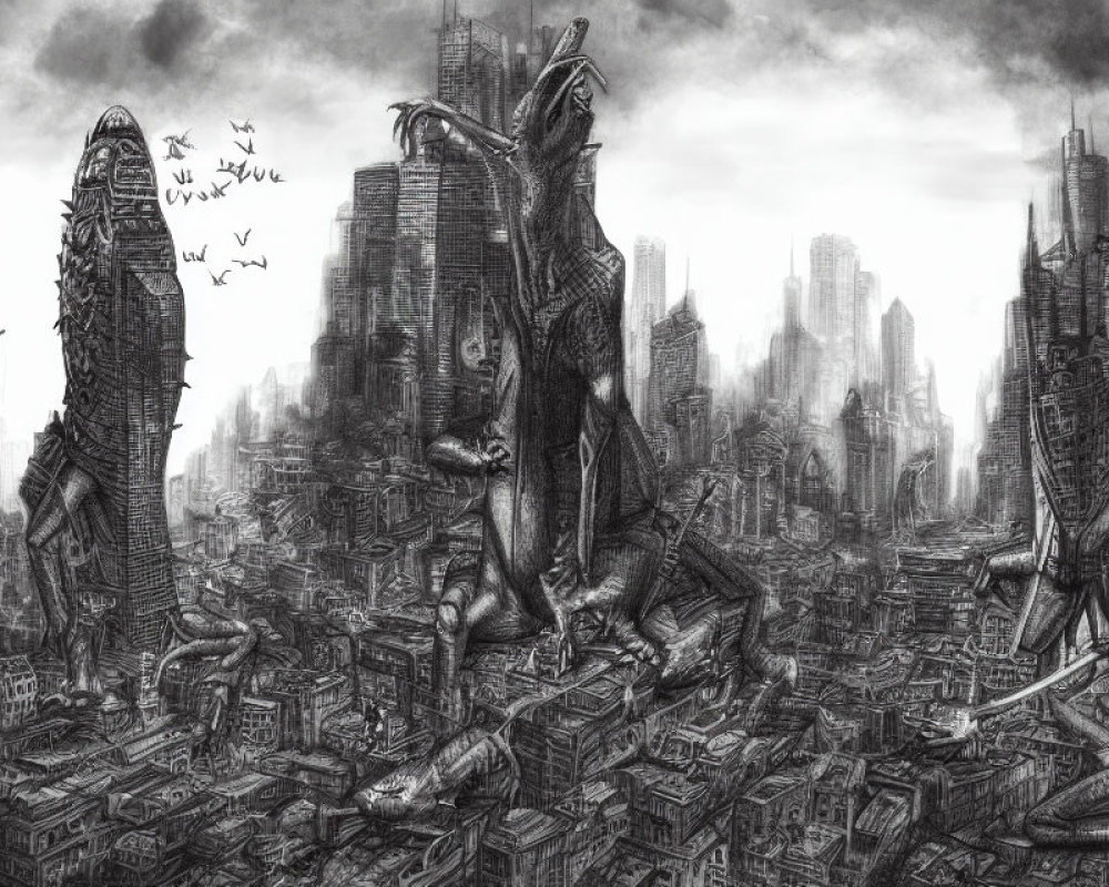 Monochrome dystopian cityscape with dragon-like creatures and ruins