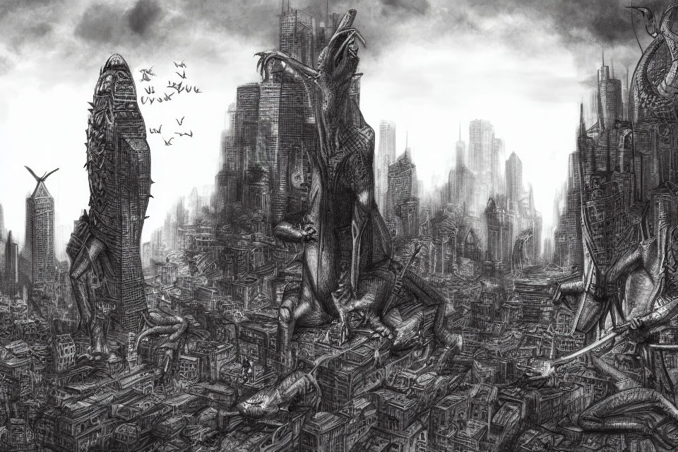 Monochrome dystopian cityscape with dragon-like creatures and ruins