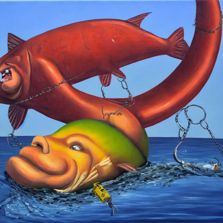 Surreal painting: Fish with human-like faces, one chained above water, the other submerged with