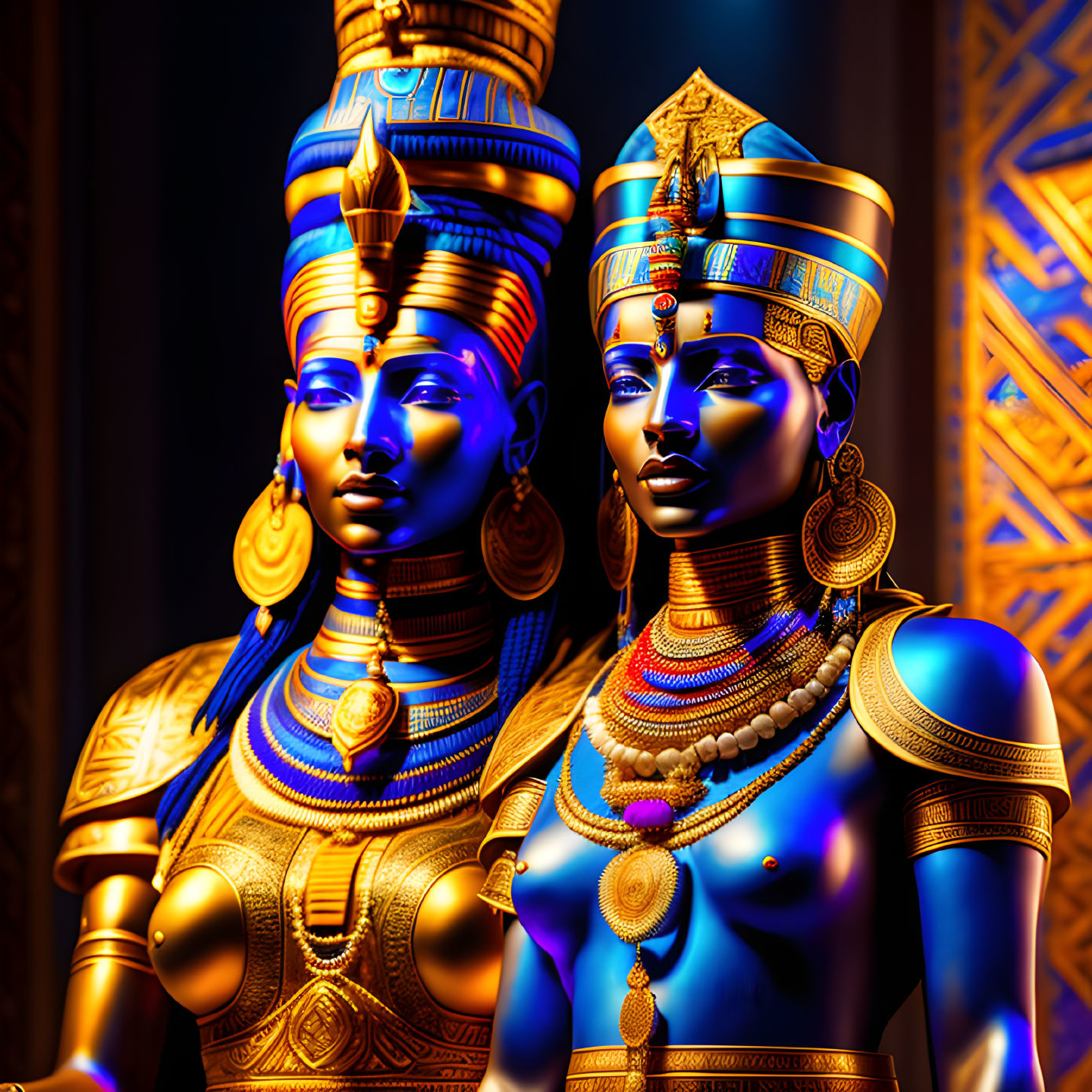 Golden Egyptian statues of pharaoh and queen with intricate designs and headdresses.