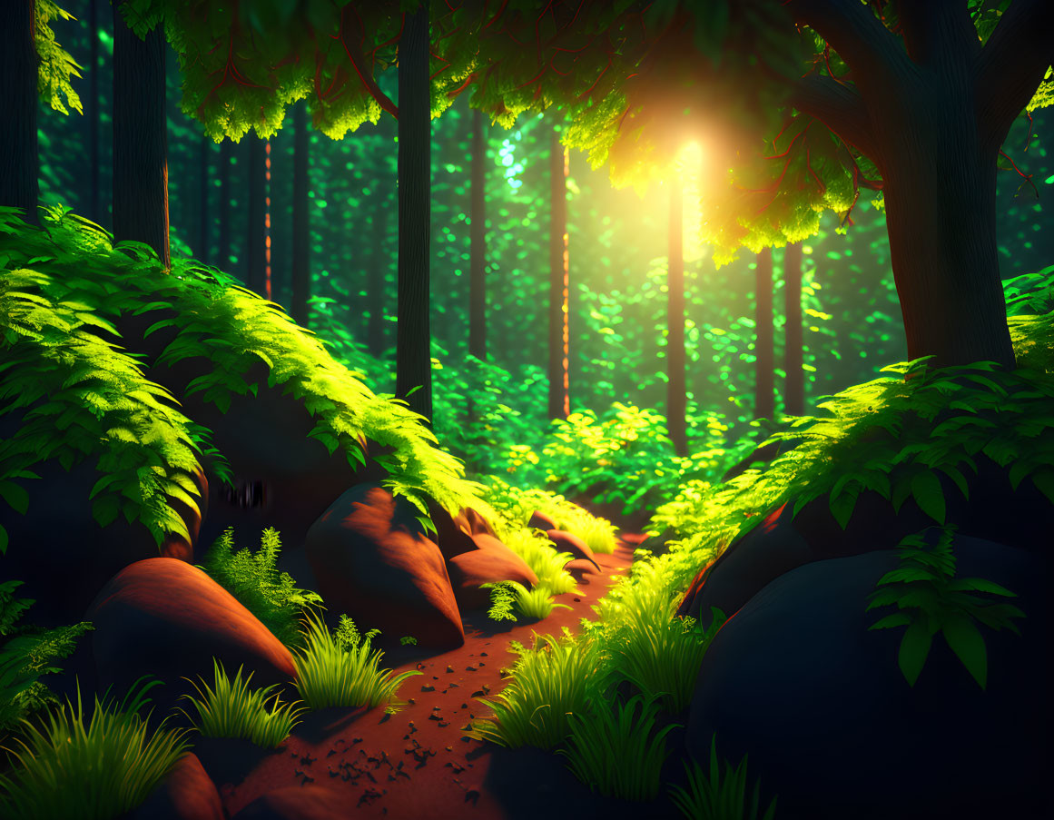 Sunlit forest with vibrant ferns and moss-covered ground