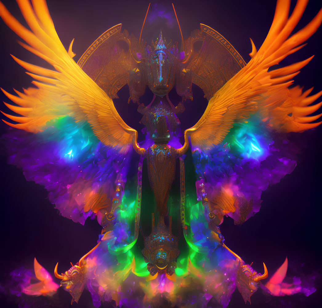 Symmetrical, ornate figure with colorful wings in fantasy-themed image