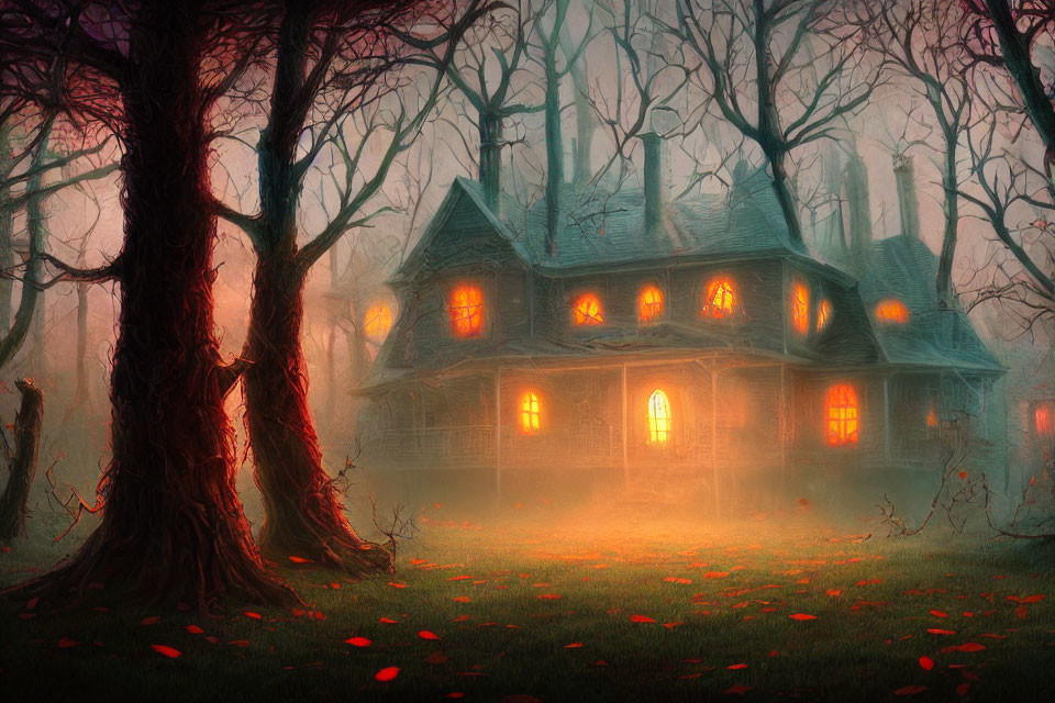 Eerie illuminated house in foggy forest with red leaves