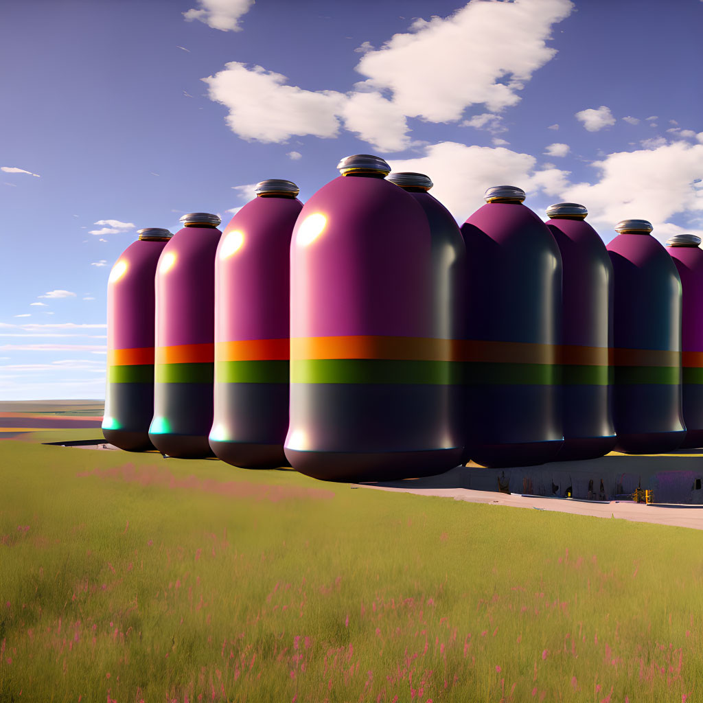 Vibrant spray paint cans in open field under blue skies