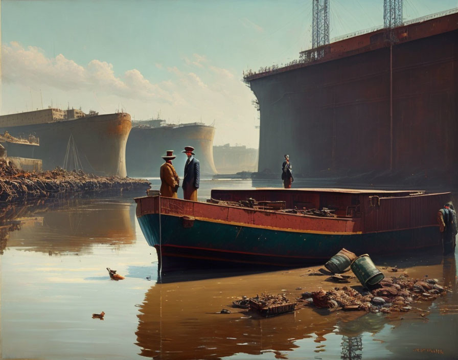 Vintage-attired individuals on barge overlooking calm waterway with dry-docked ships and litter.