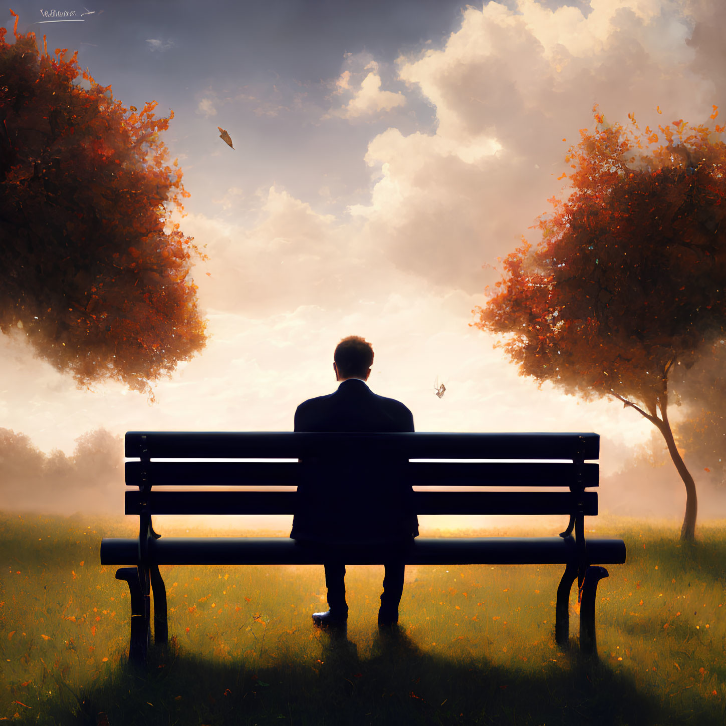 Person Contemplating Autumn Landscape on Park Bench