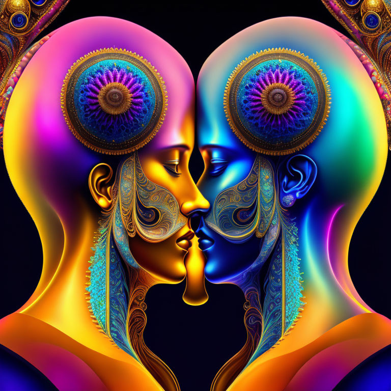 Colorful face-to-face profiles with peacock feather motifs on dark background