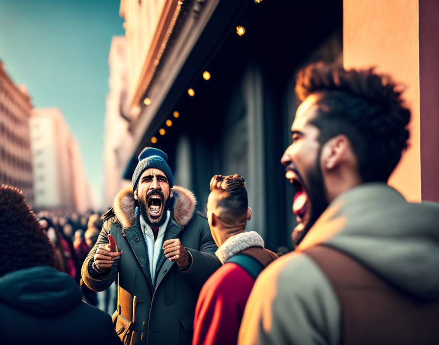 Crowded city street scene with enthusiastic man shouting