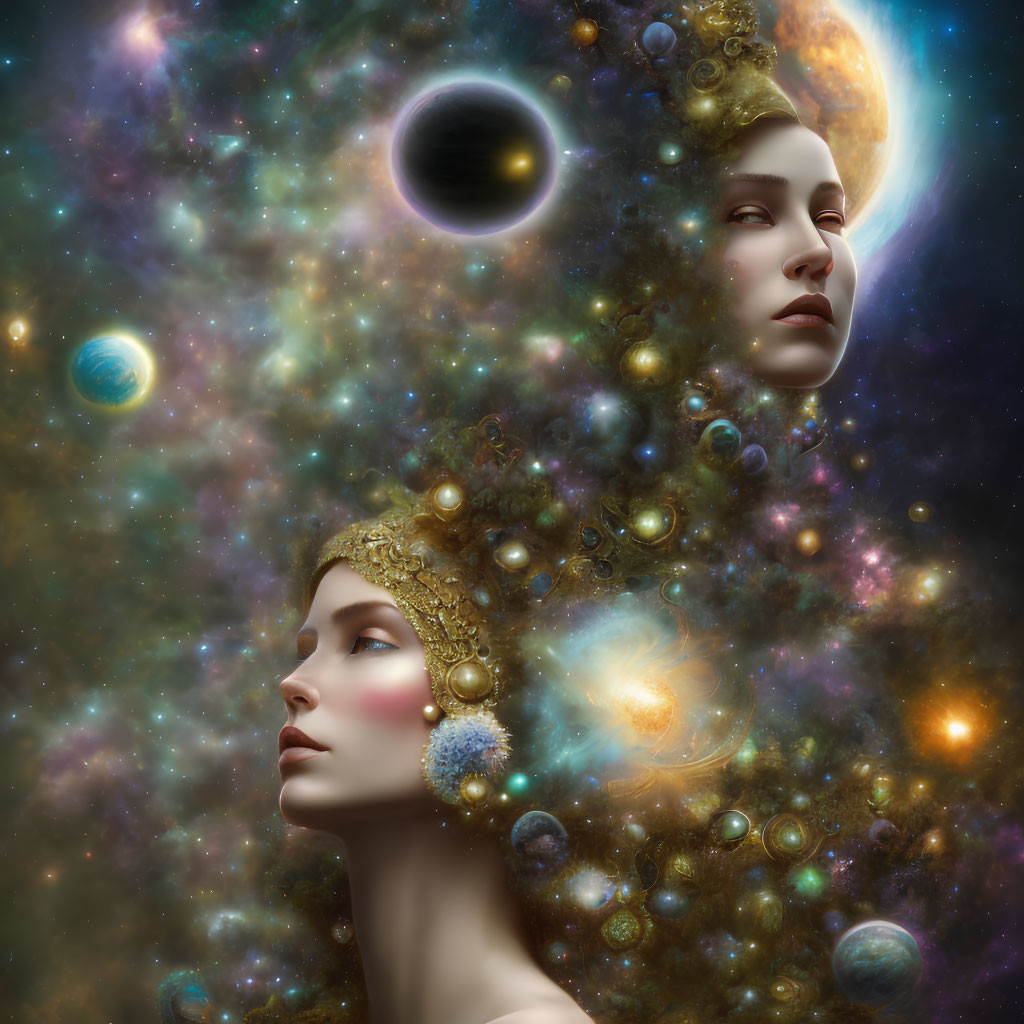 Ethereal faces in cosmic backdrop with stars and nebulae