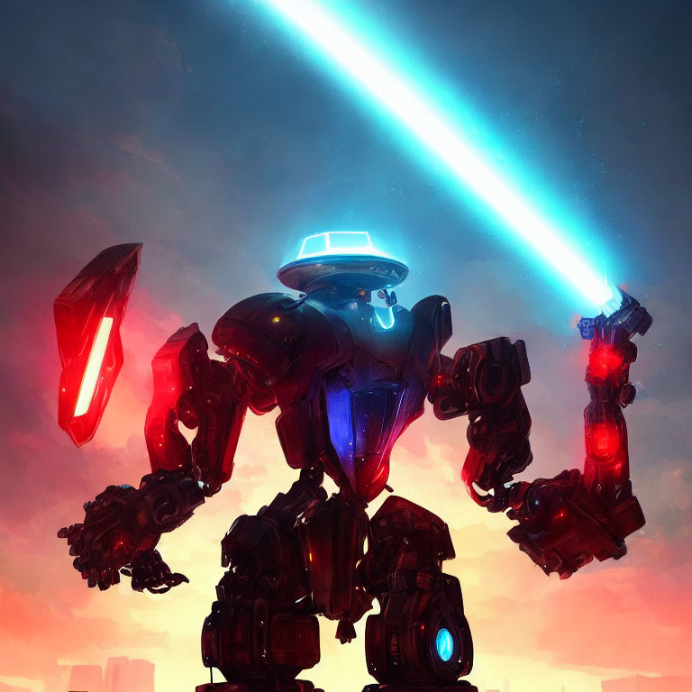 Glowing red joints robot with blue energy beam in dramatic sky