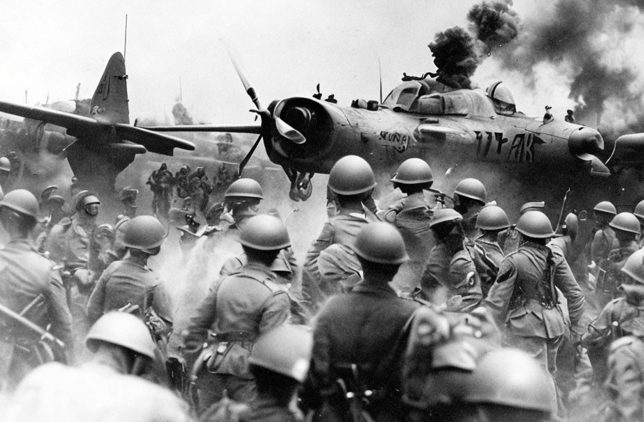 Vintage black and white photo of soldiers near "KUŃ" propeller plane in smoke