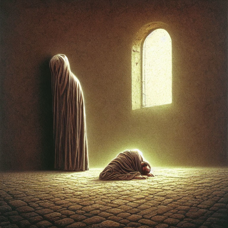 Two figures in contrasting lighting - one standing by a bright window, the other curled up on a c