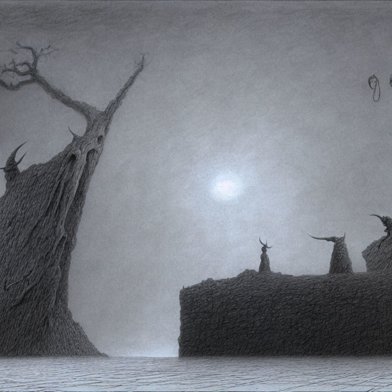 Monochrome sketch of solitary figure on cliff with horned creatures