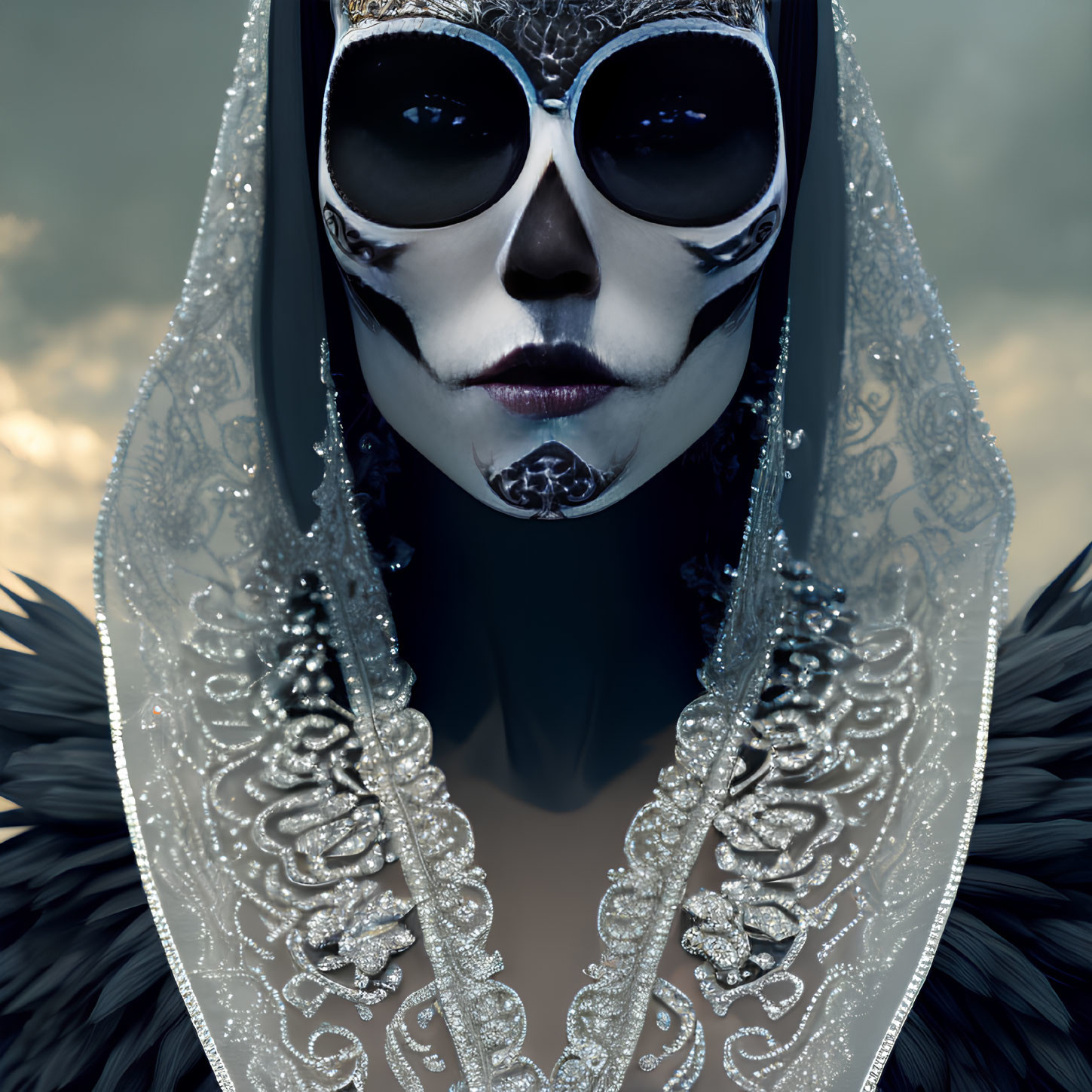 Elaborate Black and White Skull Makeup with Feathered Attire