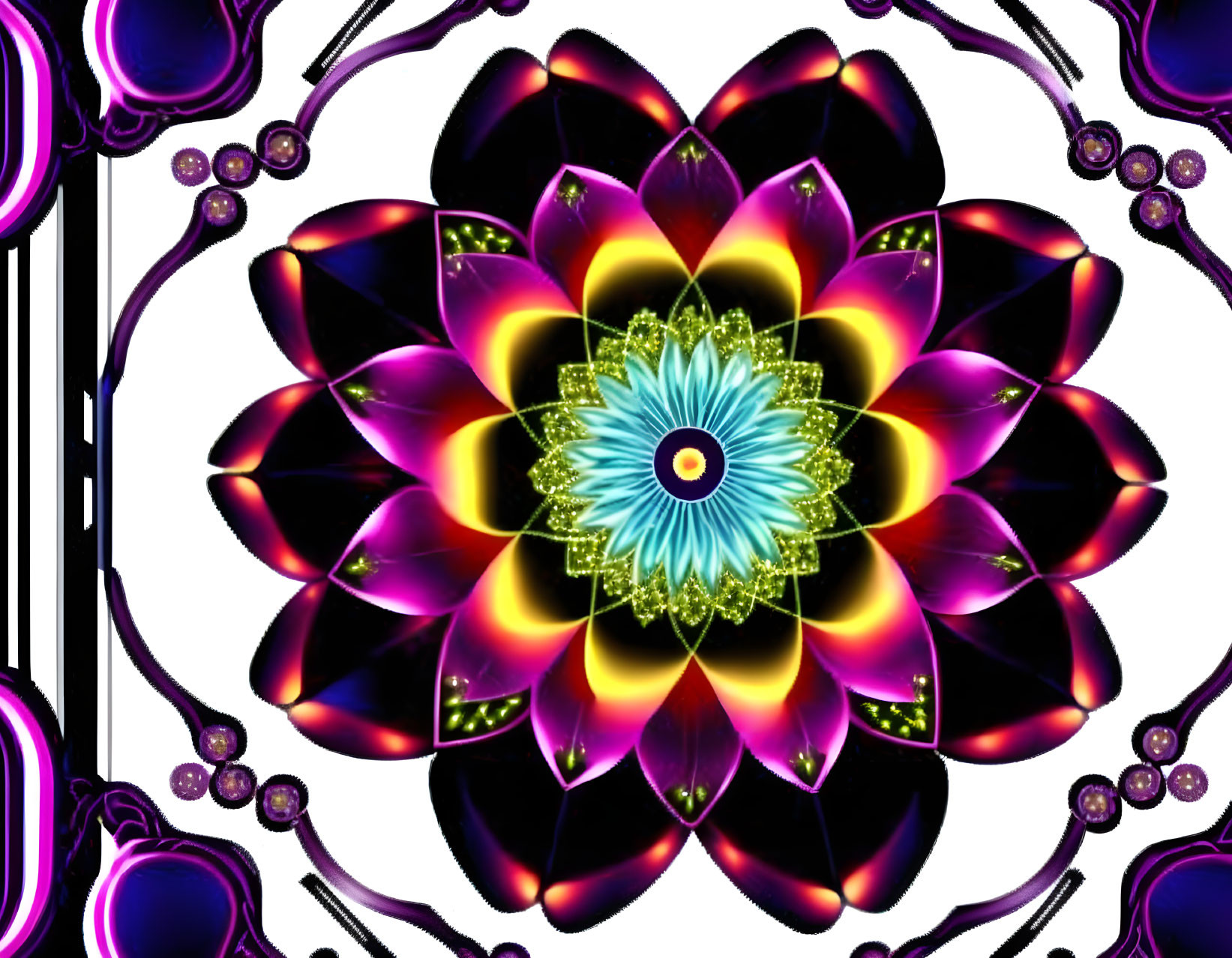 Symmetrical mandala fractal image with vibrant purple, yellow, and blue hues