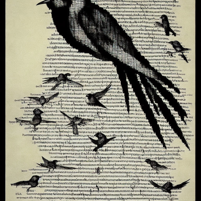 Silhouette flock of birds over text background merge art and nature