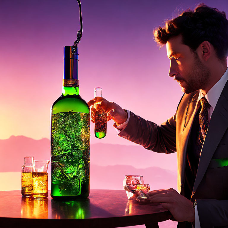 Man in Dark Suit Pouring Green Liquid into Glass at Sunset