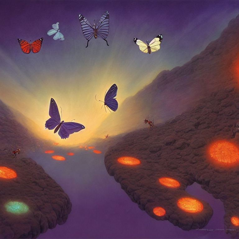 Fantasy landscape with glowing lava, purple haze, butterflies, and ants.