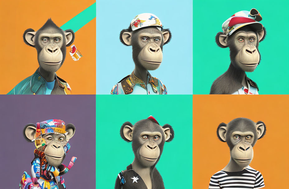 Stylized monkey images in different outfits and accessories on colorful backdrops