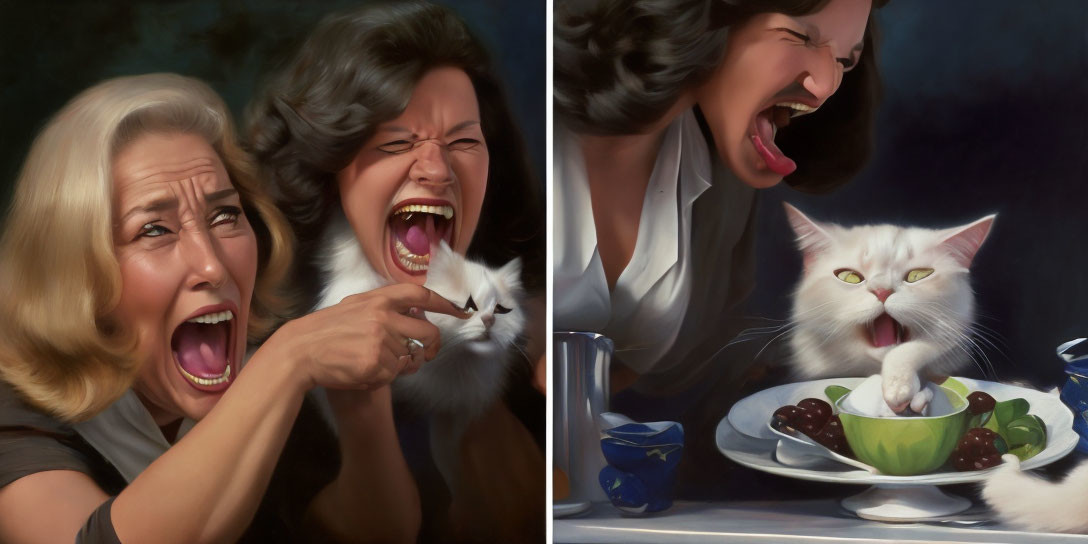 Two Women Laughing Next to Cat Mimicking Their Laughter