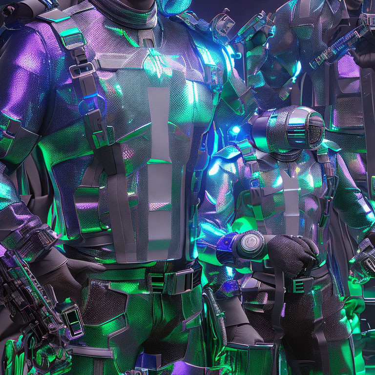 Detailed futuristic suit of armor with glowing green and blue lights and advanced weaponry