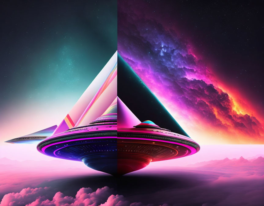 Digital artwork: Mirrored UFOs in vibrant galaxy and nebula scene