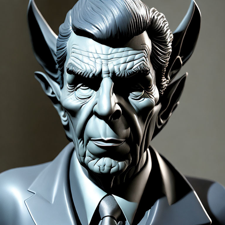 Character illustration: Devilish horns, stern expression, slicked-back hair, formal suit