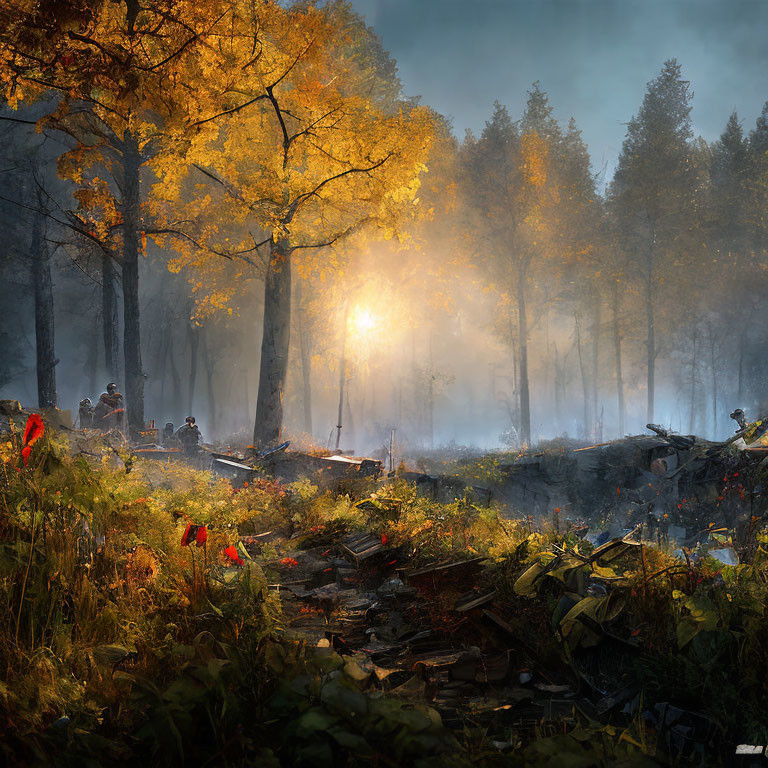 Misty forest with autumn leaves and red flowers in serene woodland clearing