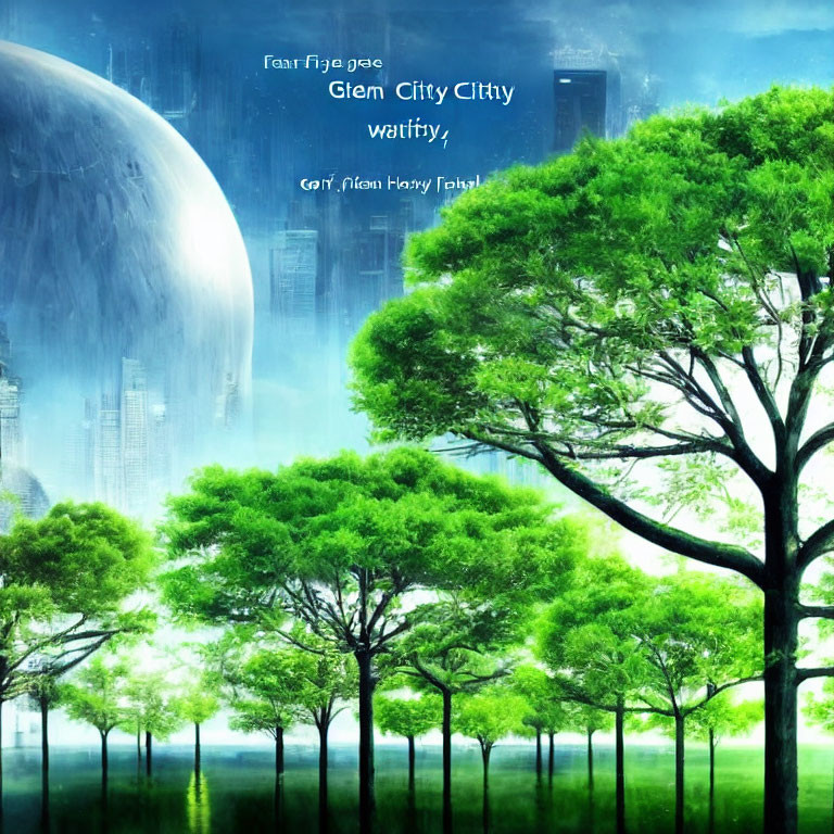 Futuristic city skyline with lush green trees